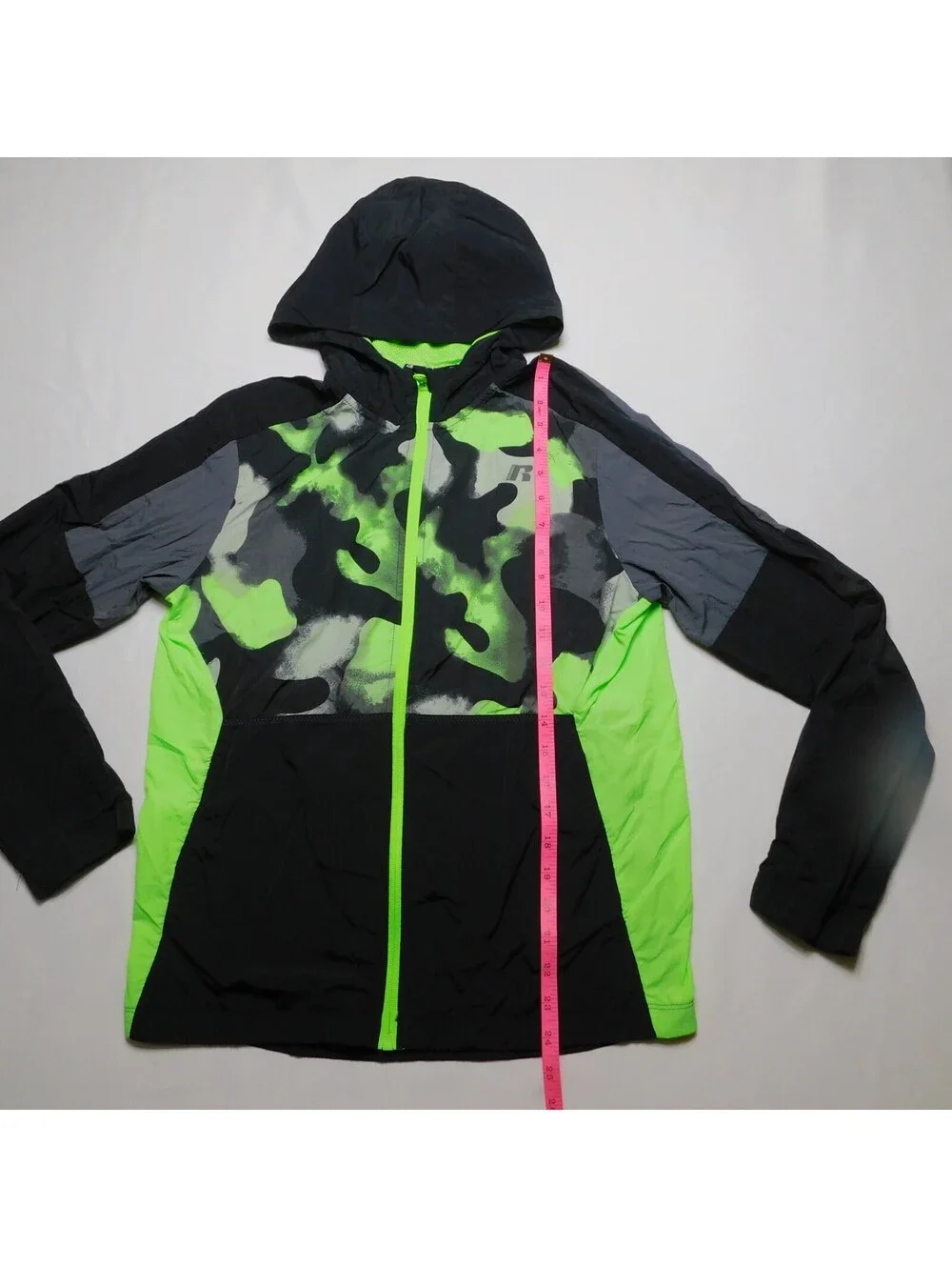 Russell Boys XXL 18 Windbreaker Jacket Camo Lime Green Black Hooded Full Zip Mes